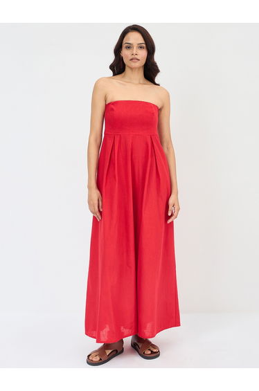 Red Cotton Bandeau Neck Maxi Dress