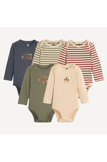 Pack of 5 Bear/Striped Print Long Sleeve Envelope Neck Bodysuits
