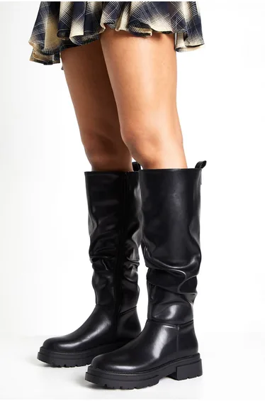 Ruched Chunky Knee High Boots - black