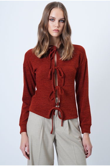 Women's Tile Pattern Crew Neck Bow Tie Front Knit Cardigan