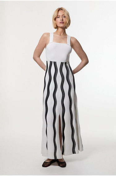 Contrast Wave Knit A-Line Strappy Dress With Fringing