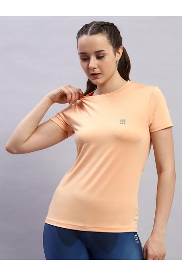 Women Peach Solid Round Neck Short Sleeve Top
