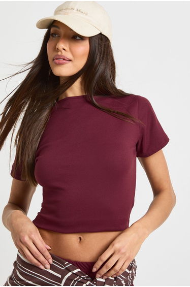 Ultra Soft Short Sleeve Fitted Top - burgundy