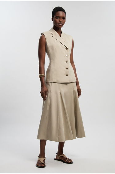 Tailored Linen Button Front Full Midi Skirt