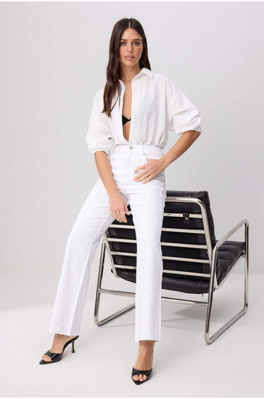 White Stone Detailed High Waist Wide Leg Jeans