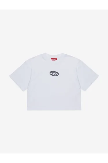 تيشيرت بناتي قصير بطبعة شعار لون أبيض