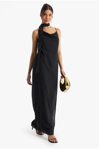 Chiffon Slip Dress with Neck Tie - black