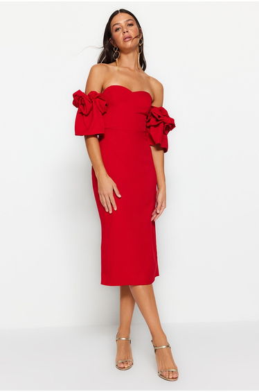 Red Fitted Woven Lined Evening Dress