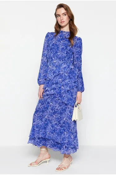 Blue Floral Skirt With Frilly Lined Woven Chiffon Dress