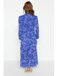 Blue Floral Skirt With Frilly Lined Woven Chiffon Dress - 3