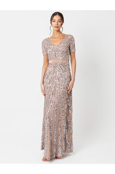 Maya Taupe Blush Short Sleeve Stripe Embellished Maxi Dress