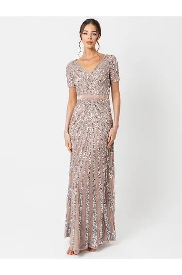 Maya Taupe Blush Short Sleeve Stripe Embellished Maxi Dress