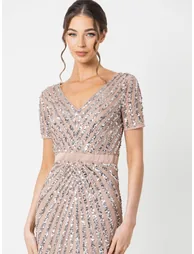 Maya Taupe Blush Short Sleeve Stripe Embellished Maxi Dress - 2