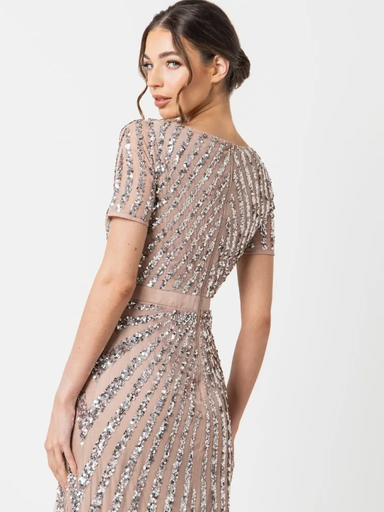 Maya Taupe Blush Short Sleeve Stripe Embellished Maxi Dress - 3