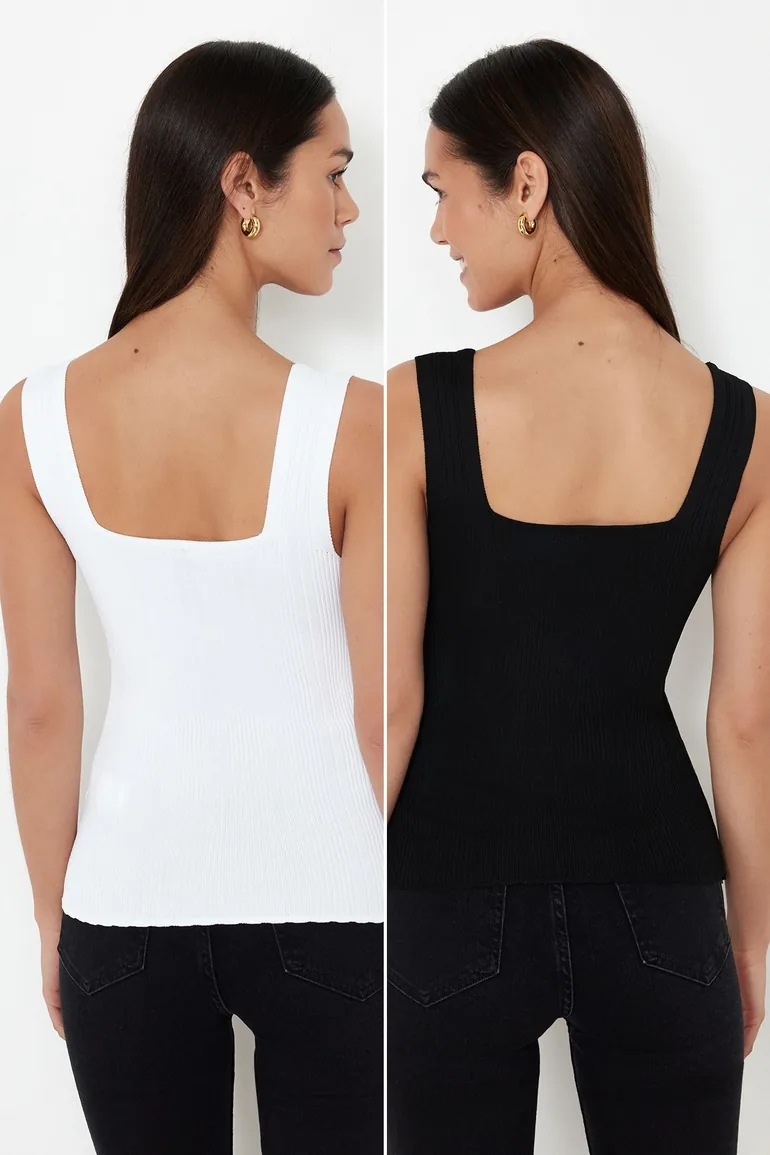 Black-Ecru Basic Double Pack Top Knitwear Top - 2