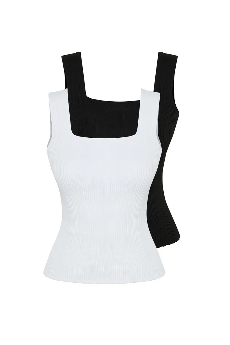 Black-Ecru Basic Double Pack Top Knitwear Top