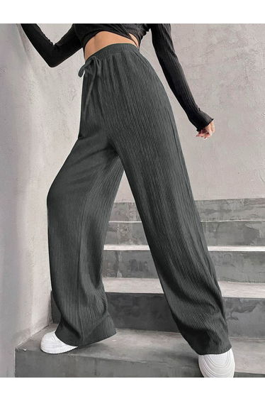 Women Grey Textured Drawstring Waist Wide Leg Pants