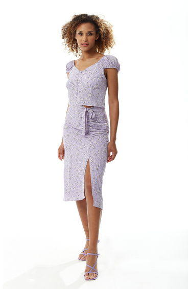 Women's Floral Button Up Front Top In Lilac .
