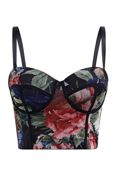 Floral Mesh Bustier Crop Top in Black