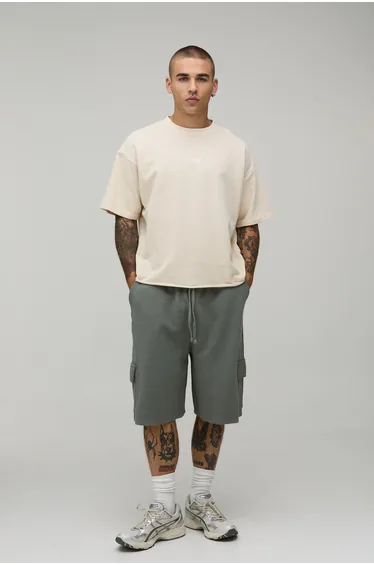 Baggy Fit Cargo Waffle Jersey Shorts - vintage khaki