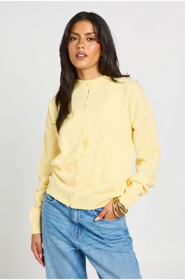 Crew Neck Button Up Cardigan - lemon