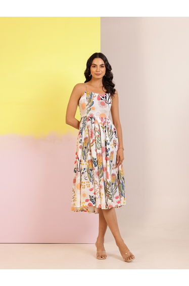 All-Over Floral Print Square Neck A-Line Knee-Length Dress