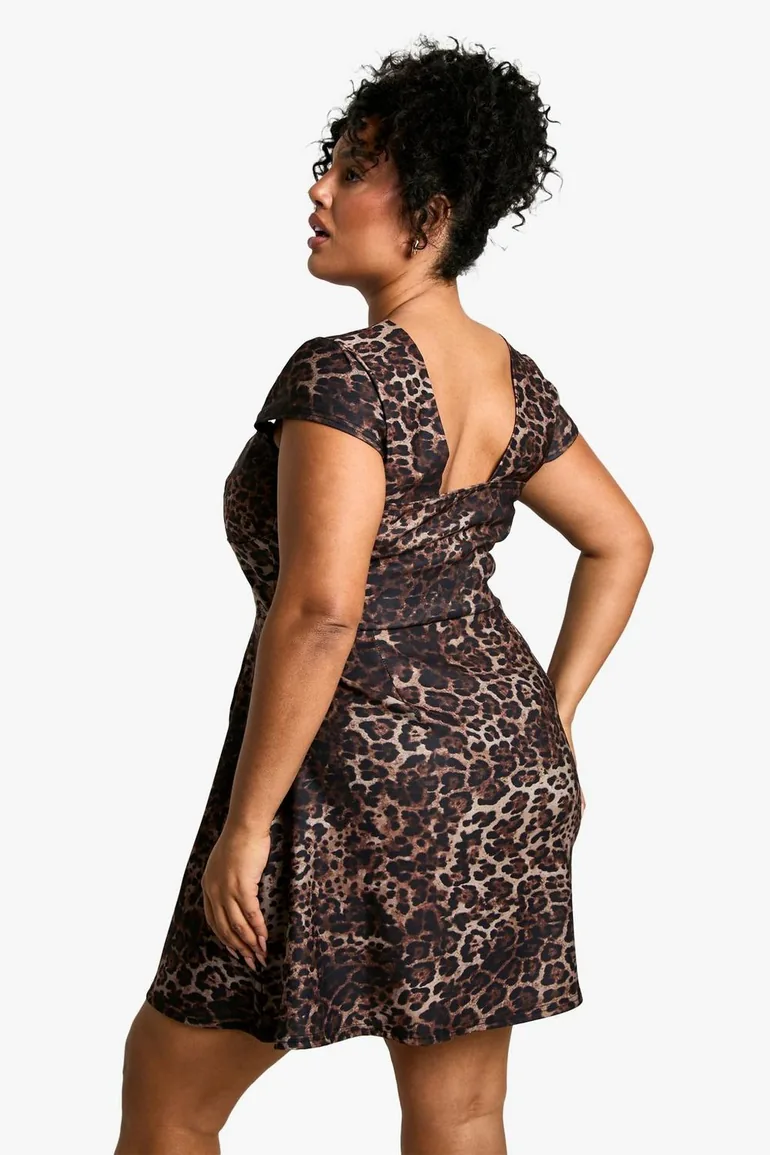 Plus Bengaline Leopard Cap Sleeve Skater Dress - 2