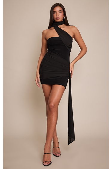 Black Slinky Wrap Scarf Mini Dress