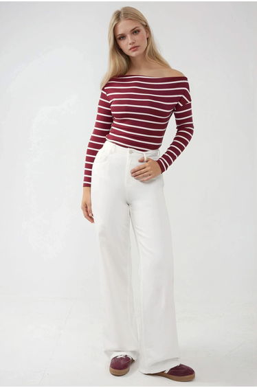 Striped Carmen Collar Long Sleeve Top
