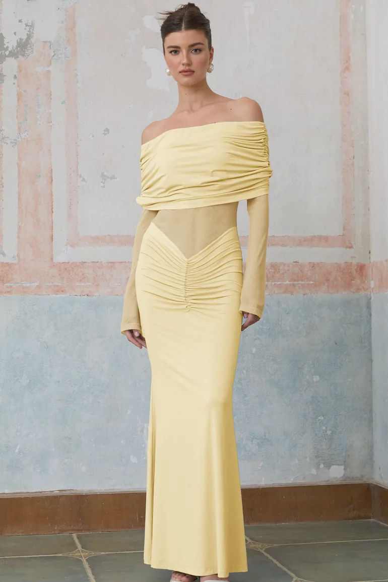 off shoulder yellow dress A-Line Off Shoulder Yellow Long Prom Dress, Yellow Satin Long Evening Dress US 10 / Yellow