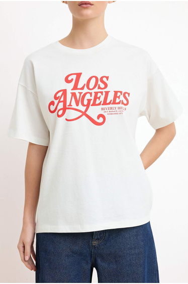 Ecru Slogan Oversize/Wide Fit Low Sleeve Short Sleeve Tok 100% Cotton Knitted T-Shirt product thumbnail 3