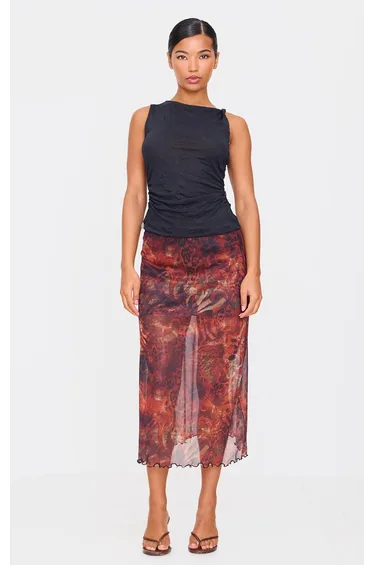 Brown Gingham Mesh Print Midaxi Skirt