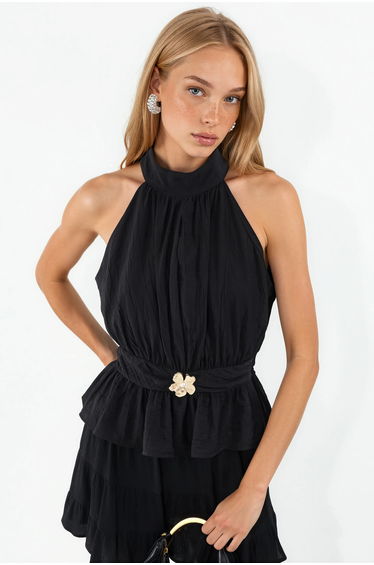 BUSEM Women's Halterneck Belted Crepe Blouse