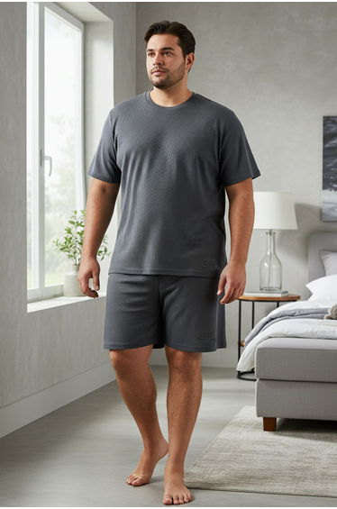 Anthracite Regular Fit Waffle Knitted Shorts Plus Size Pajama Set