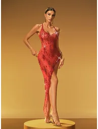 Haelin Spaghetti Rhinestone Split Midi Dress In Red