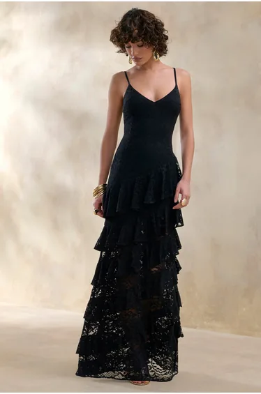 Avelisse | Black Lace Plunge-Neck Maxi Dress With Ruffled Detailing
