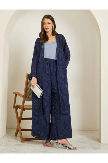 Navy Studded Jacquard Kimono and Pants Co-ords