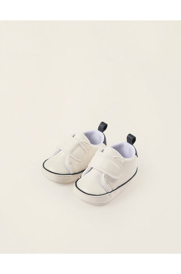 Synthetic Leather Trainers for Newborn Boys, White/Dark Blue