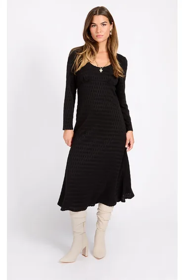 Black Waffle Texture Midaxi Dress