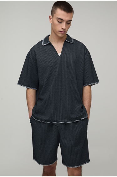 Waffle Contrast Stitch Oversized V-Neck Shirt & Baggy Short Set - black