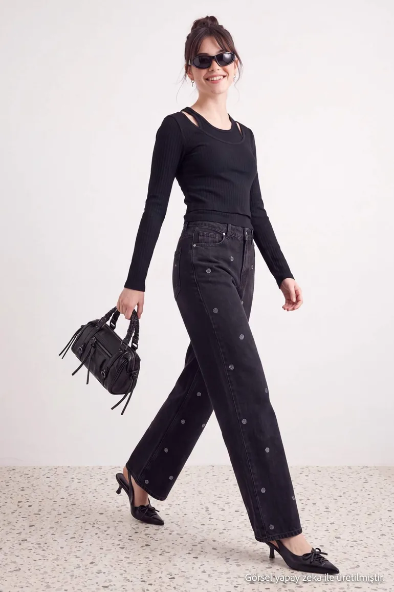 Black Stone Polka Dot Patterned High Waist Wide Leg Jeans - 1