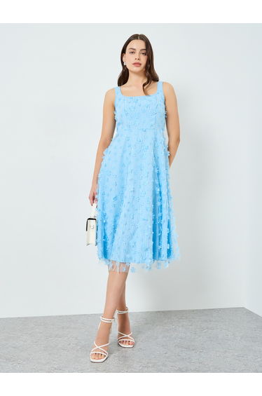 Women Blue Floral Embroidery Fitted Waist Midi Dress