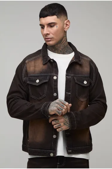 Tall Tinted Washed Regular Fit Denim Jacket - dark chocolate