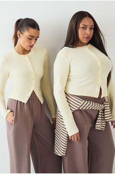 DSGN Studio Crew Neck Button Through Long Sleeve Top - butter