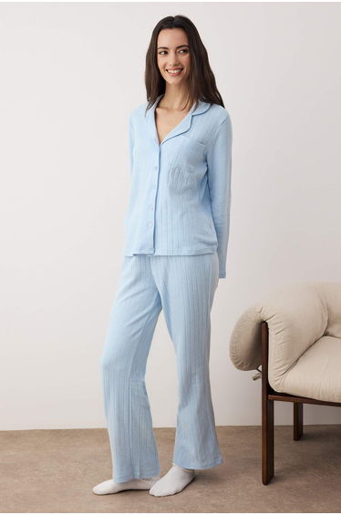 Blue Pocket Detailed Ribbed Winter Knitted Pajama Set