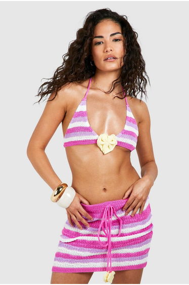 Petite Crochet Crosage Bikini Top - pink