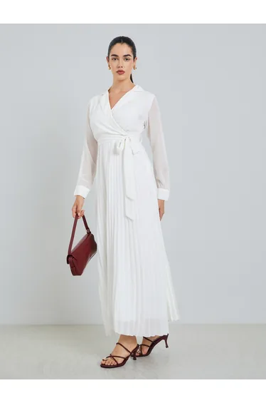 Women Off White Pleated Maxi Dress