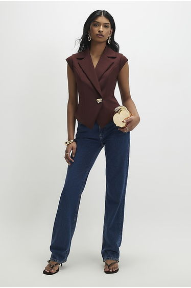 Brown Cap Sleeve Twill Waistcoat