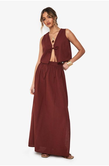 Linen Look Tie Front Crop And Maxi Skirt Co-Ord - rust