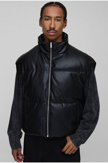Boxy Fit Curved Hem PU Puffer Gilet - black